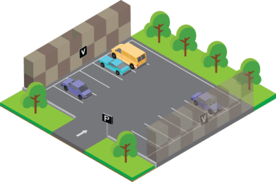 Isometric plan of an open-air car park: an entrance sign at the road access and terms signs placed among the bays.