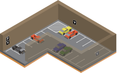 Isometric plan of a covered car park with the entrance sign at the vehicle access and terms signs repeated across the parking bays.